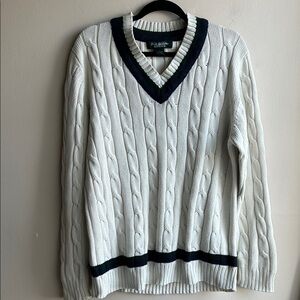 Brooks Brothers White Cable Knit V-Neck Sweater